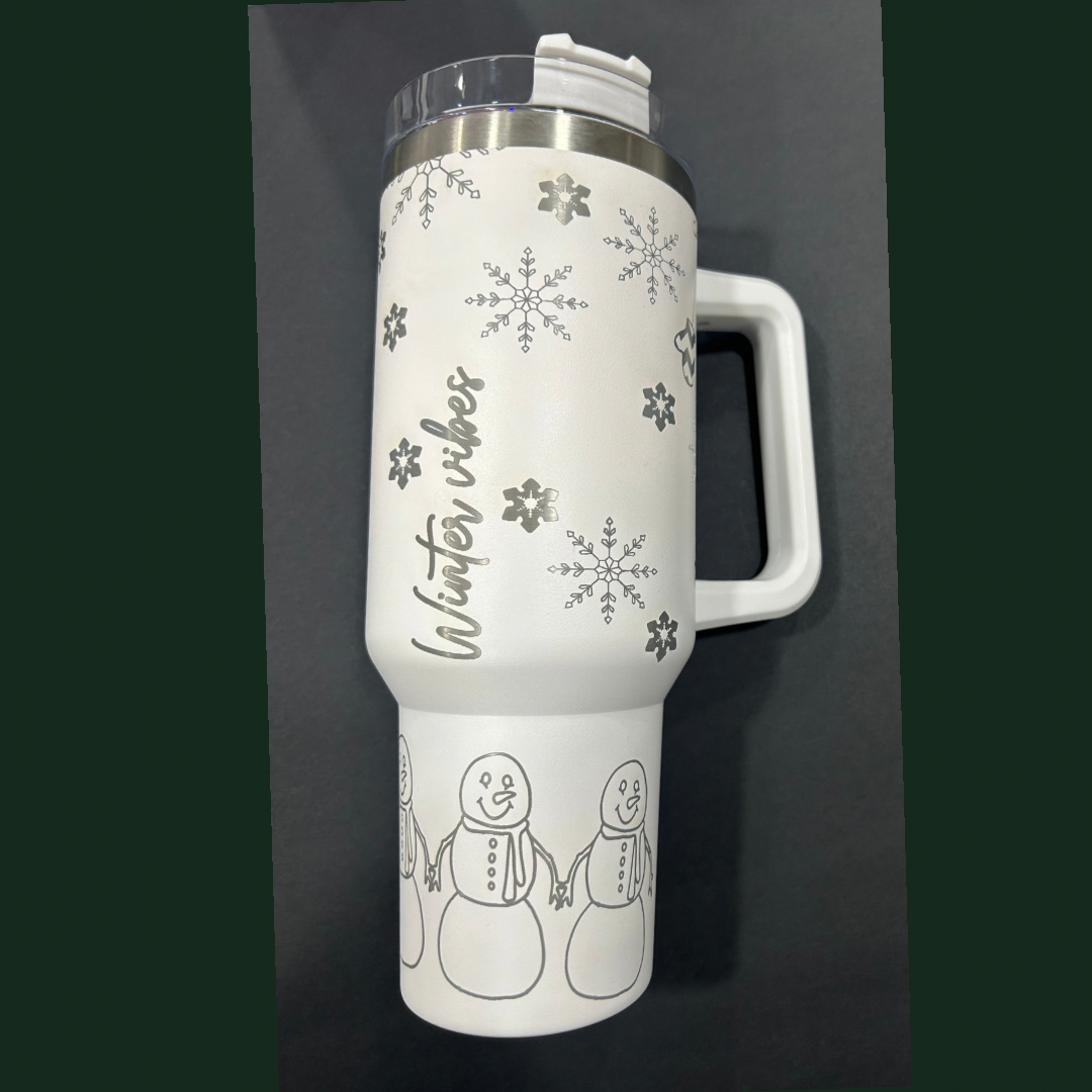 Winter Vibes, Snowflake and Snowmen Tumbler 40oz engraved