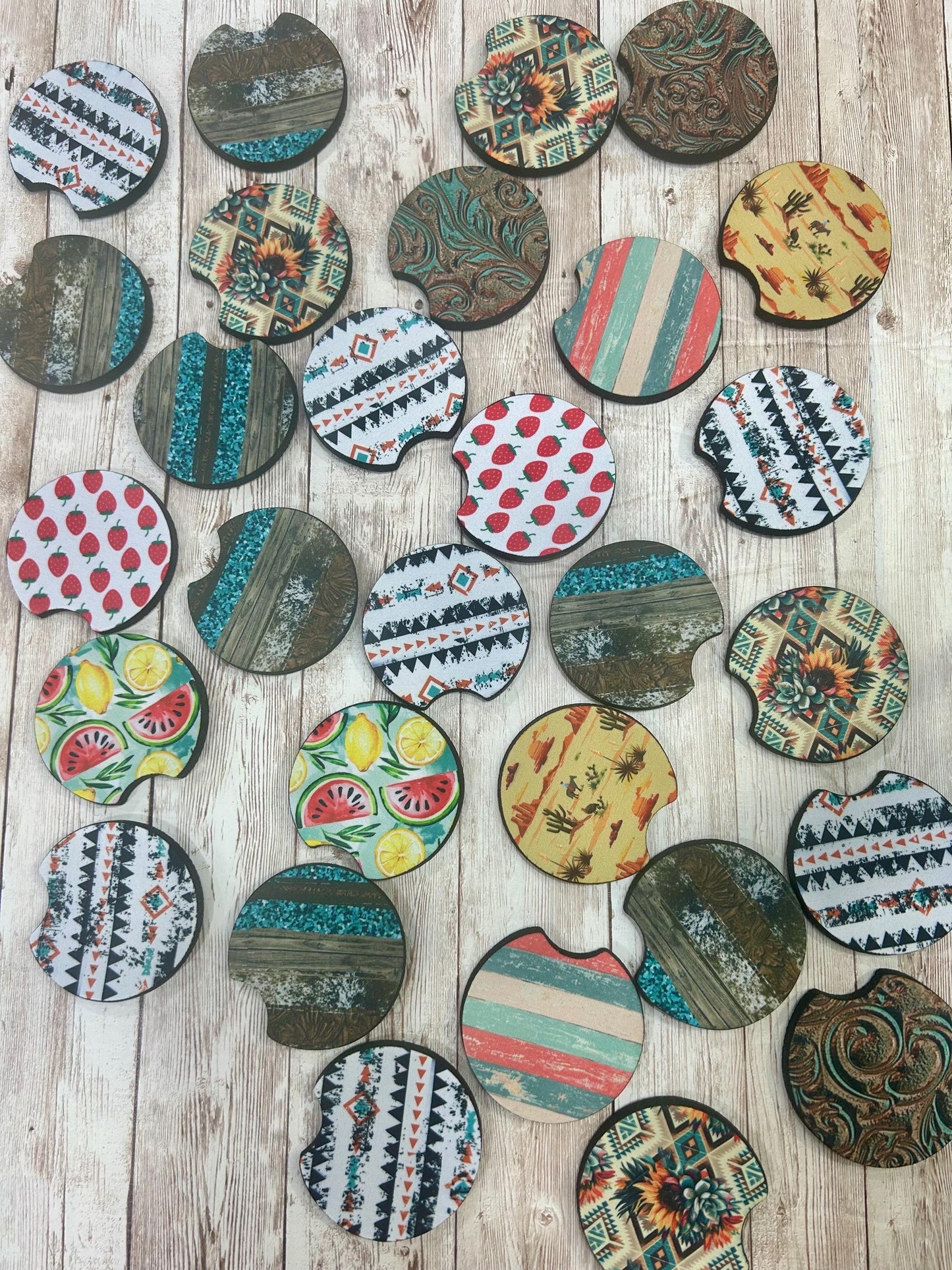 Car Coasters - Cowgirl Stripes, leather, turquoise, cowhide and wood grain.