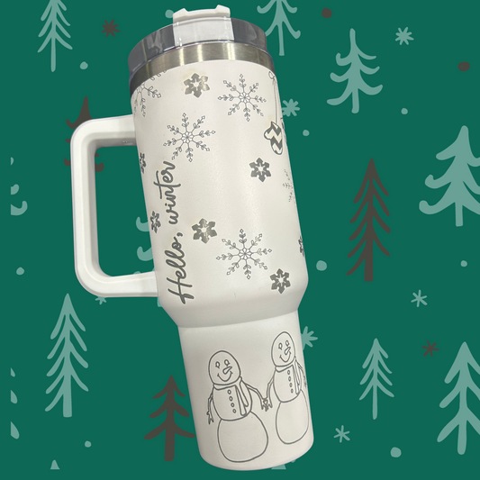 Winter Vibes, Snowflake and Snowmen Tumbler 40oz engraved