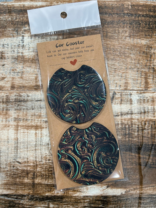 Car Coaster - Leather and turquoise western design