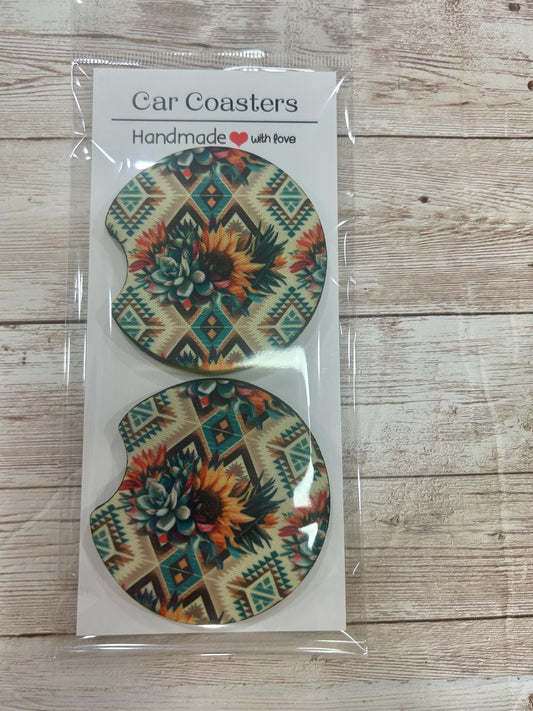 Car Coasters - Aztec Sunflowers and succulents
