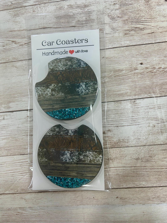 Car Coasters - Cowgirl Stripes, leather, turquoise, cowhide and wood grain.