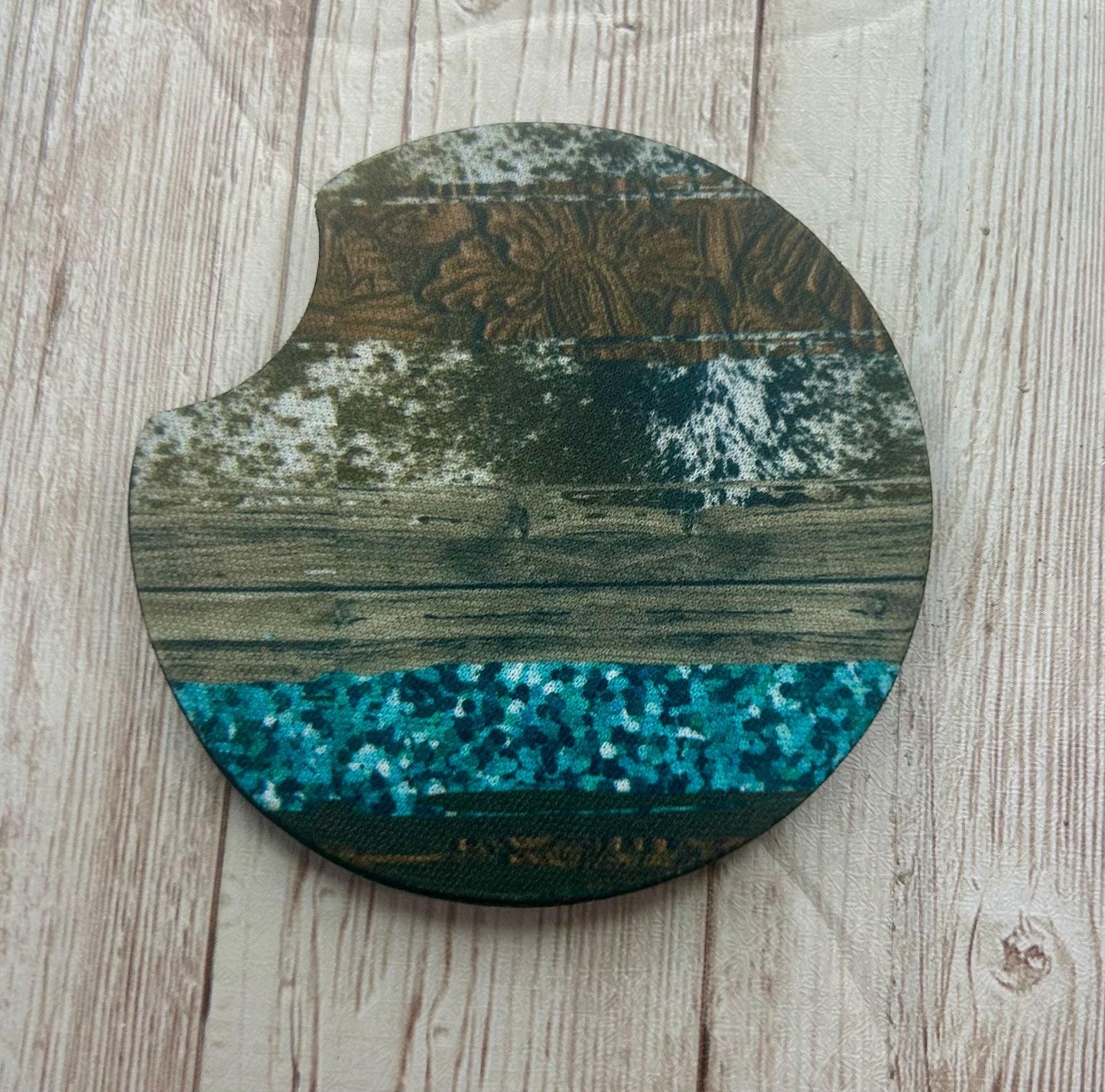 Car Coasters - Cowgirl Stripes, leather, turquoise, cowhide and wood grain.